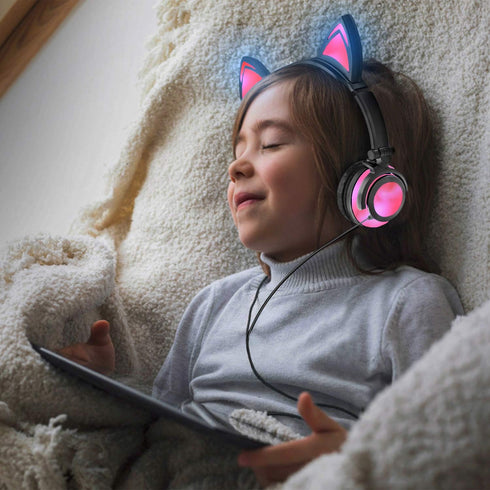 Kids Headphones with Cat Ears, LED Light Chargeable Earphones for Kids Teens Adults, Compatible for iPad, Tablet, Computer, Mobile Phone (Black&Pi...