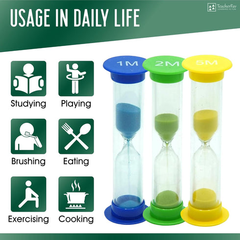 Sand Timer for Kids Set of 3 Small Colorful Hourglass Acrylic Covered Clock 1Min 2Min 5Min for Classroom, Home & Kids Room...