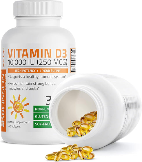 Bronson Vitamin D3 10,000 IU (250 mcg) High Potency - Supports Healthy Immune System, Strong Bones, Muscles & Teeth - Non GMO, 360 Softgels (1 Yea...