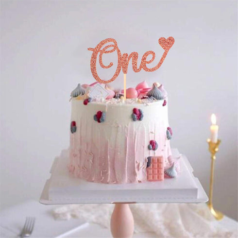 Unimall Letter 'One' Heart Cake Topper for 1st Birthday, Rose Gold Glitter Cake Decorating Supplies, First Anniversary, Baby Shower...