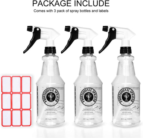 Plastic Spray Bottle (24oz 3 Pack) for Cleaning Solutions, Car Detailing Care, Planting, Pet, Clear Finish, Heavy Duty Empty Spraying Bottles Mist...