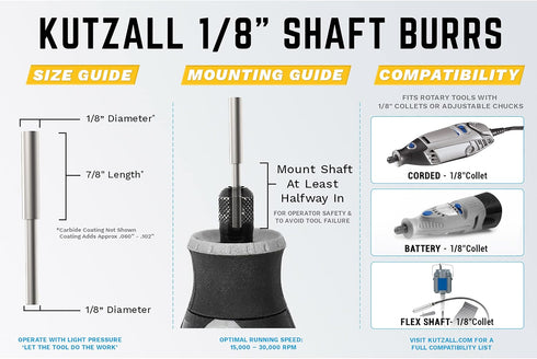 Kutzall Extreme Cylinder Burr, 1?8" Shaft, Very Coarse - Woodworking Attachment for Dremel, Foredom, DeWalt, Milwaukee. Abrasive Tungsten Carbide,...
