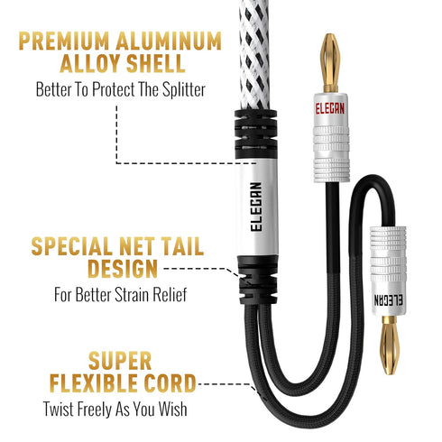 14 AWG Speaker Cable Wire 6 Feet with Gold-Plated Banana Tip Plugs-CL2 Rated-in Wall-Heavy Duty Nylon Braided, Oxygen-Free Copper (OFC)-White-with...