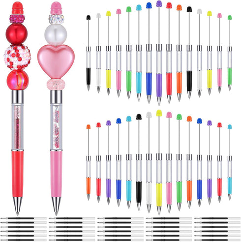 30 Pcs Plastic Beadable Pens 2 in 1 Stylus Bead Pen Empty Tube Floating Black Ink Bead Pens with 30 Pcs Black Refills for DIY Making Gift Kids Stu...