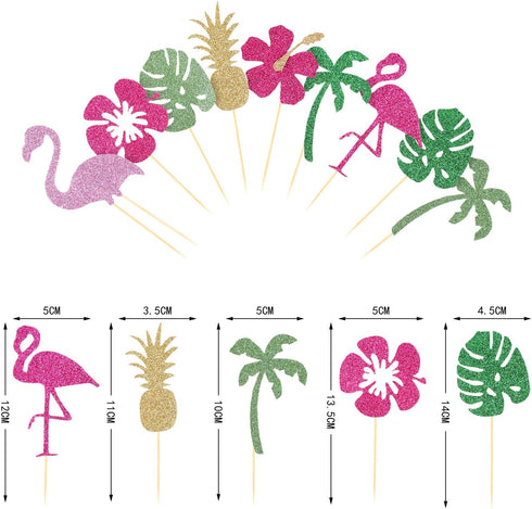 50 Pieces Tropical Hawaiian Luau Cupcake Toppers Glittery Hawaii Cake Cocktail Toothpick Flamingo Pineapple Hibiscus Flowers Palm Leaves Cupcake P...