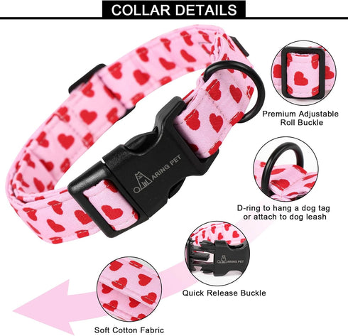 ARING PET Valentine's Day Dog Collar-Cute Cotton Heart Dog Collars, Adjustable Valentine Pink Heart Pet Collars Girl Puppy Collar with Quick Relea...