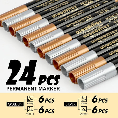 Metallic Permanent Markers, Gold and Silver Metallic Marker Pens, 24 Count, Fine and Chisel Point For Rock Painting, Black Paper, Card Making, Scr...