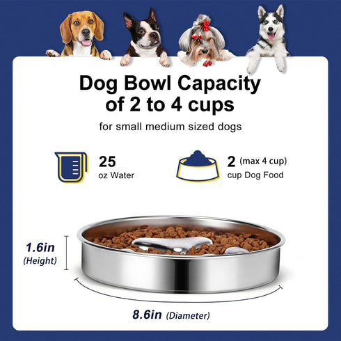 Slow Feeder Dog Bowls 304 Stainless Steel, 2 Cups Metal Food Bowls, Water Bowl for Small & Medium Sized Dogs, Fun Bloat Stop Pet Fast Eaters...