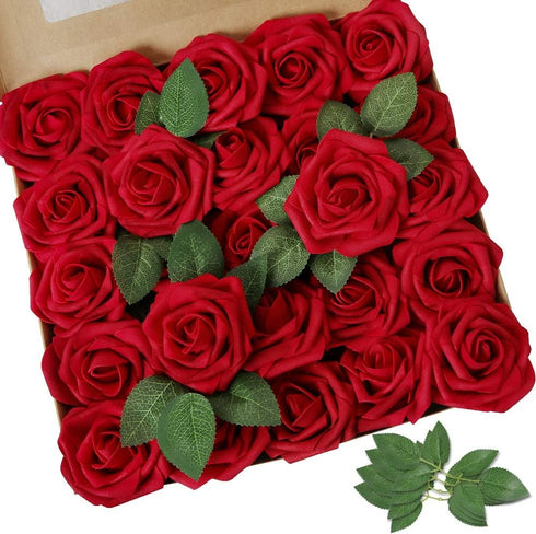 AmyHomie Artificial Flowers Dark Red Rose 50pcs Real Looking Fake Roses w/Stem for DIY Wedding Bouquets Centerpieces Arrangements Party Baby Showe...