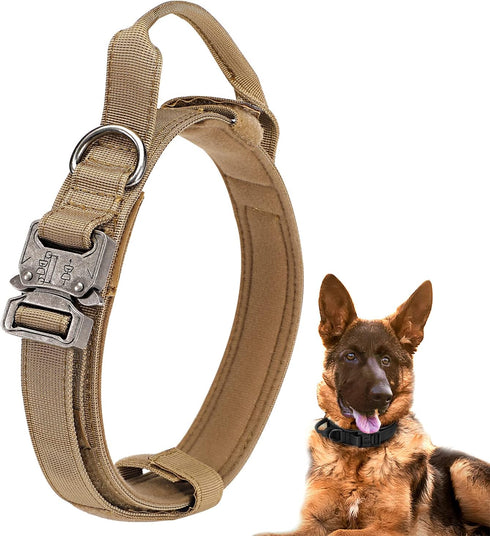 Dog Tactical Collar Military Dog Training Collar Control Handle and Heavy Metal Buckle for Medimum Large Dog Training Behavior Aids Brown L...