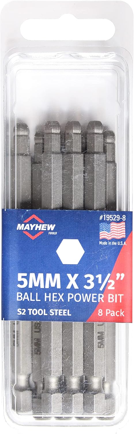Mayhew Tools 19529-8 USA Metric Ball Hex Power Bit, 5mm x 3.5", 8-Pack...