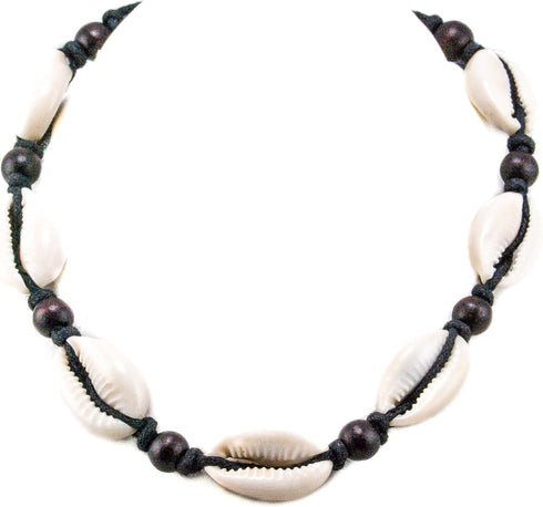 BlueRica Cowrie Shells on Black Braided Cord Choker Necklace with Round Dark Brown Wood Beads...