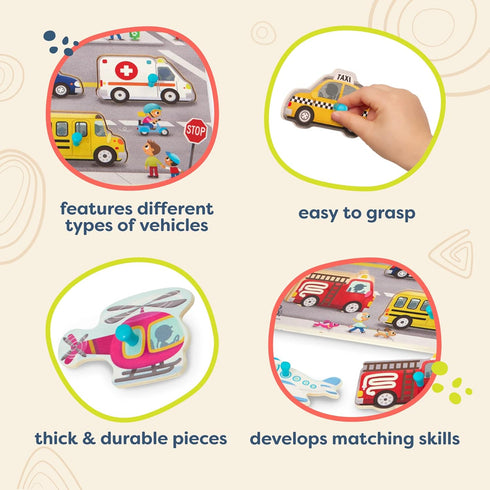 B. toys- Peek & Explore - Vehicles- Wooden Peg Puzzle – Vehicle Puzzle for Toddlers, Kids – 8 Puzzle Pieces – Fire Truck, Airplane, Taxi & More – ...