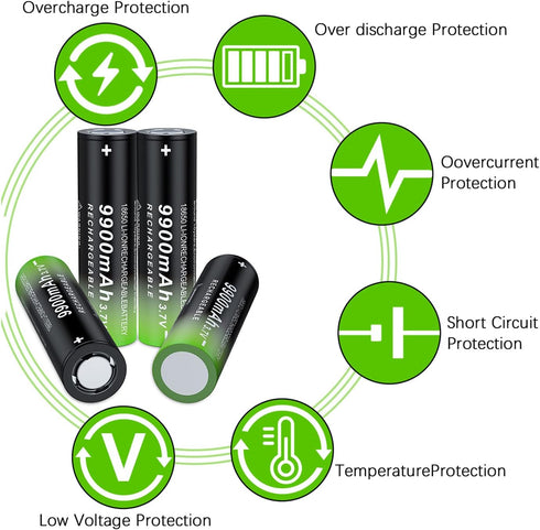 4 Pack 1??8??6??5??0 Rechargeable Battery 3.7??V 99??00m??A??h Flat Top Li-ion Batteries for Flashlights, Headlamps...