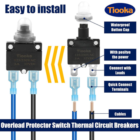 30Amp Thermal Circuit Breaker Assortment Kit Push Button Manual Reset 125/250V AC 32V DC Quick Connect Terminals Waterproof Button Caps for Overlo...
