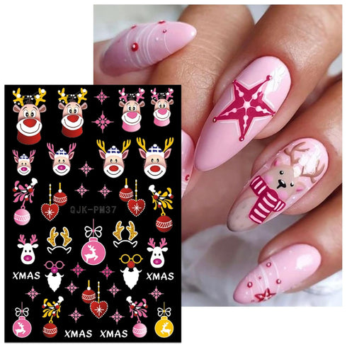 JMEOWIO 10 Sheets Christmas Pink Nail Art Stickers Decals Self-Adhesive Pegatinas Uñas Snowflake Xmas Winter Holiday Cute Elk Nail Supplies Nail A...