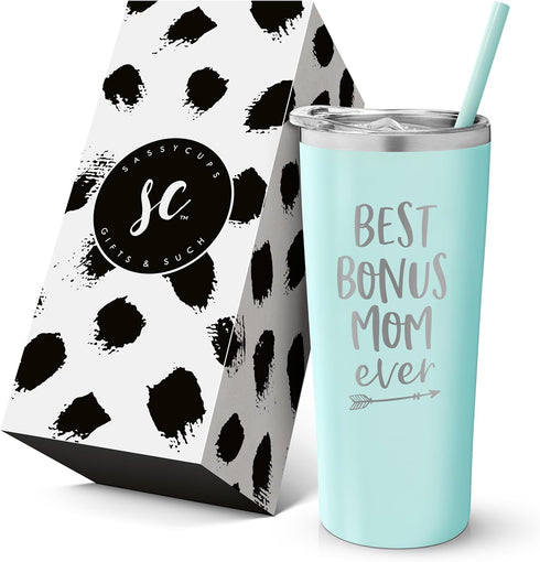 SassyCups Best Bonus Mom Ever Tumbler | 22 Ounce Engraved Mint Stainless Steel Insulated Tumbler with Lid and Straw | Like a Mom | Stepmom Present...