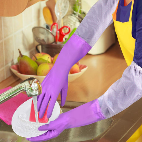 Reusable Long Sleeve Dishwashing Cleaning Gloves with Latex Free,Cotton Lining,Kitchen Gloves 2 Pairs,Purple+Blue M...