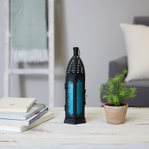 Zingz & Thingz Moroccan Style Candle Lantern Holder, Decorative Light Home Decor, Indoor & Outdoor, 13" Tall, Black with Blue Glass...