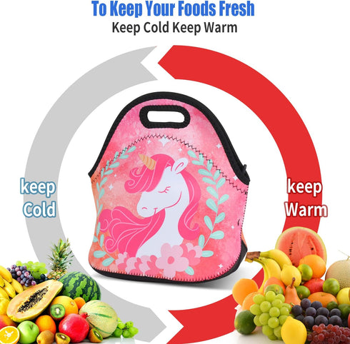 Violet Mist Cute Unicorn Neoprene Lunch Bag Pink Reusable Lunch Box Insulated Lunch Bags Tote Thermal Waterproof Lunch Handbag with Zipper Picnic ...
