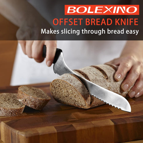 9 Inch Offset Serrated Bread Knife, Wavy Edge knife, High Carbon Stainless Steel Multi-Purpose Kitchen Knife for Homemade Bread, Crusty Breads, Ca...
