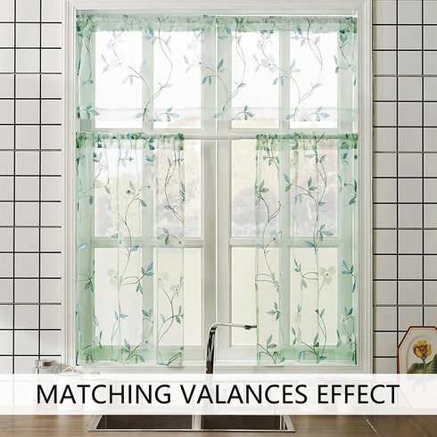 MRTREES Sheer Tier Curtains Rod Pocket, Short Voile Cafe Curtains, Floral Embroidered Kitchen Tiers Small Half Window Treatment for Basement/Bathr...