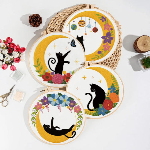 ORIGACH 4 Pack Cat Moon Embroidery Kits for Beginners, DIY Starter Hand Embroidery Kit with Cat Moon Floral Patterns and Instructions, Cat Pattern...