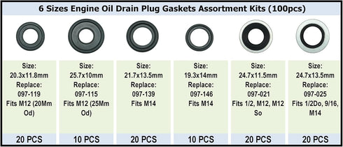 100PCS 6 Sizes Engine Oil Drain Plug Gaskets, Washer Assortment Kits Replace 097-836CD, F5TZ-6734-BA, 097-119, 097-115, 097-139, 097-146, 097-021,...