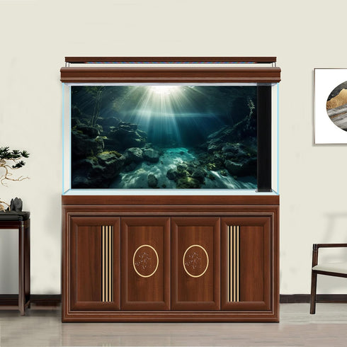 Aquarium Background Underwater Dark Cave Sunlight Rays Terrarium Background Undersea Moss Rocks Aquarium Backdrop Fish Tank Decor Vinyl 30x12in...