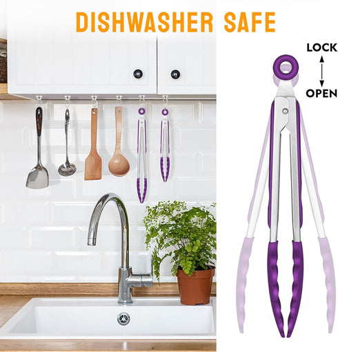 HOTEC Premium Stainless Steel Locking Kitchen Tongs with Silicon Tips, Set of 2-9" and 12" (Purple)...