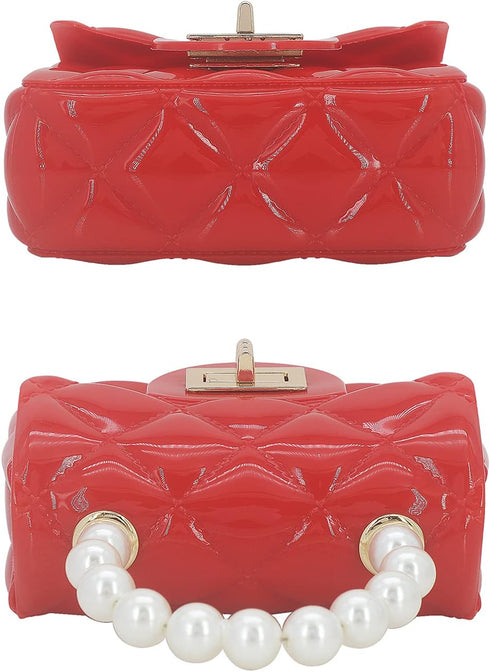 Mini Jelly Purse Flap Handbag with Pearls Top Handle Faux Quilted Crossbody Bag...