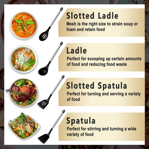 Pleafind 4-Pcs Silicone Cooking Utensils Set, Wok Utensils Set Include Wok Ladle, Slotted Spoon, Solid Spatula and Slotted Spatula, Silicone and S...