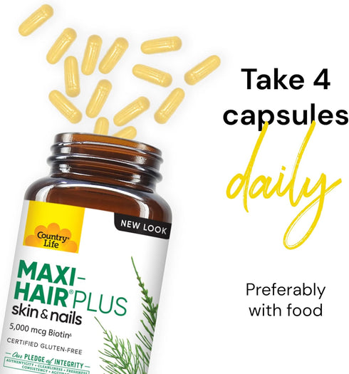 Country Life Maxi-Hair Plus Maximized with 5,000mg Biotin - Healthy Hair, Skin & Nails Support Supplement - Gluten-Free, Vegetarian, Soy-Free, Pre...