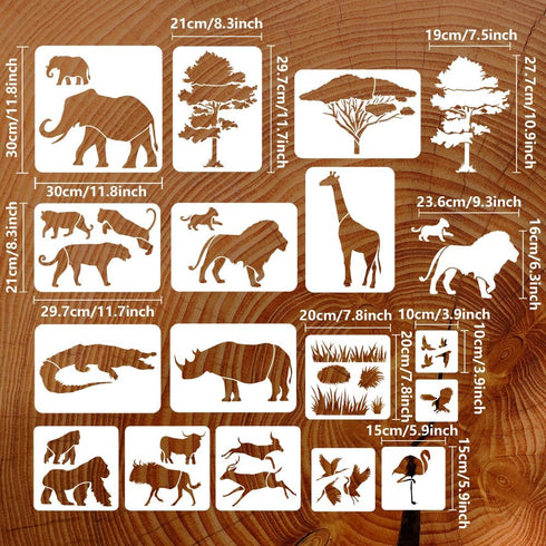 FINGERINSPIRE 16PCS African Animals Stencil Trees Grass Plants Drawing Template Giraffe Elephant Lion Crocodile Rhino Deer Orangutan Cow Bird Eagl...