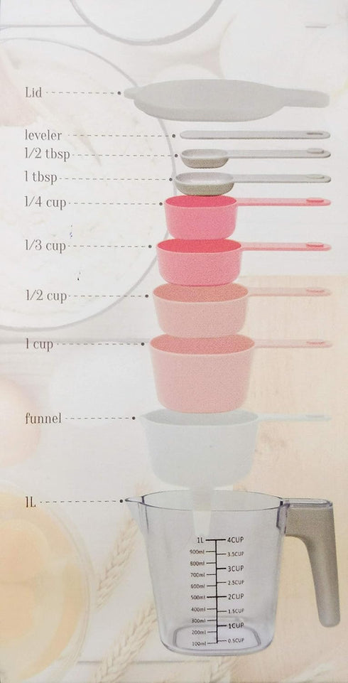 GK509W 10 pcs Nesting Stackable Measuring Cup and Measuring Spoons Set with One Scraper One Funnel Plastic Cooking Baking Kitchen Utensil BPA Free...