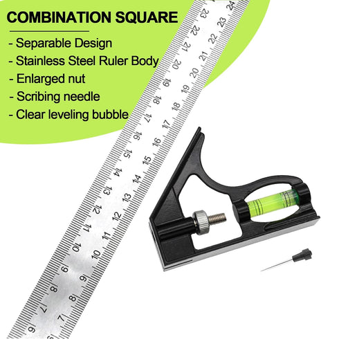 12" Metric Combination Square Ruler for Electricians and Carpenters, 45-90 Degree Marking Square, Bubble Level, Square Tool, Woodworking Square, C...