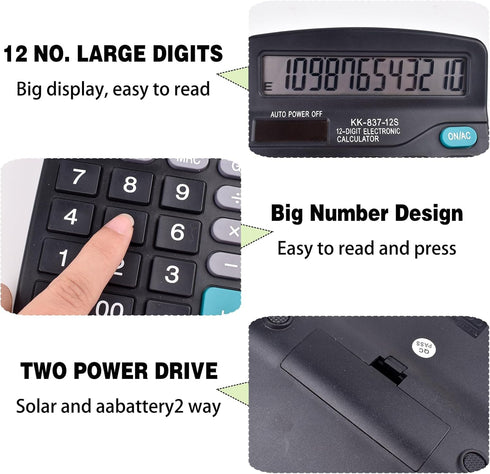 Solar Basic Desk Calculators with Big Buttons and Large Display, 12-Digit Calculators with Solar Power and AA Battery Dual Power Handheld Desktop ...