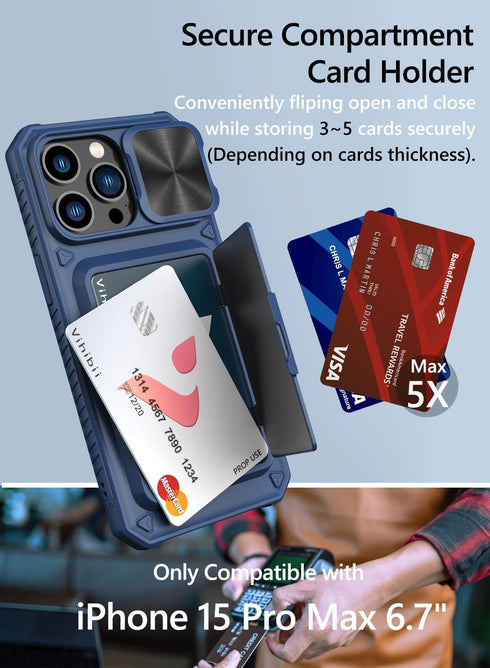 Vihibii for iPhone 15 Pro Max Wallet Case with Card Holder (4 Cards) & Slide Lens Protective Cover & Kickstand & Raised Edges Protect Screen, Shoc...