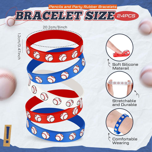 Sabary 48 Pcs Sports Pencils Silicone Bracelets Set Soccer Football Basketball Baseball Wooden Pencil Rubber Wristbands for Students School Classr...