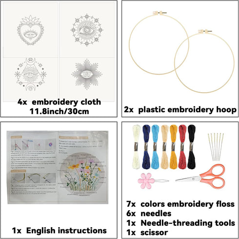 4 Pcs Evil Eye Embroidery Starters Kit for Beginners with Pattern and Instructions, Beginners Embroidery Stitch Practice kit Include Embroidery Cl...