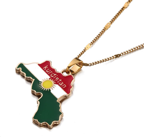Kurdistan Gold Enamel Pendant Necklace Flag Region Map Kurdish Large Chain Jewelry...