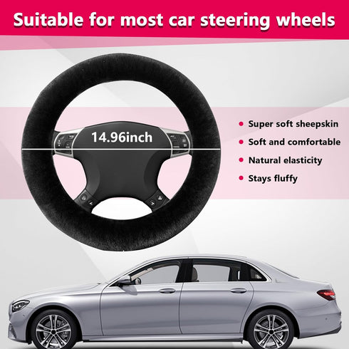 Fur Wool Sheepskin Car Steering Wheel Cover, 15 Inch Fluffy Anti-Slip Auto Steering Wheel Protector for Warm Winter, Universal Fuzzy Plush Vehicle...