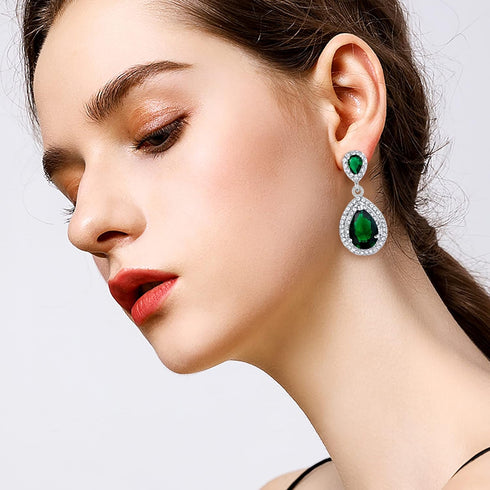 EVER FAITH Women's Austrian Crystal Cubic Zirconia Tear Drop Dangle Earrings Emerald Color Silver-Tone...