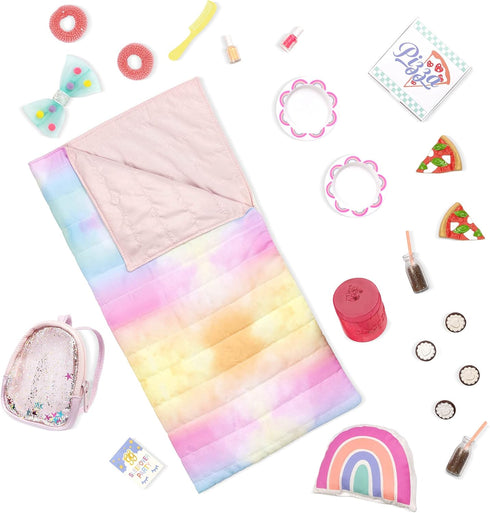 Glitter Girls – Sleepover Party & Backpack Set – Tie-Dye Sleeping Bag, Rainbow Pillow & Pizza Play Food – 14-inch Doll Accessories for Kids Ages 3...