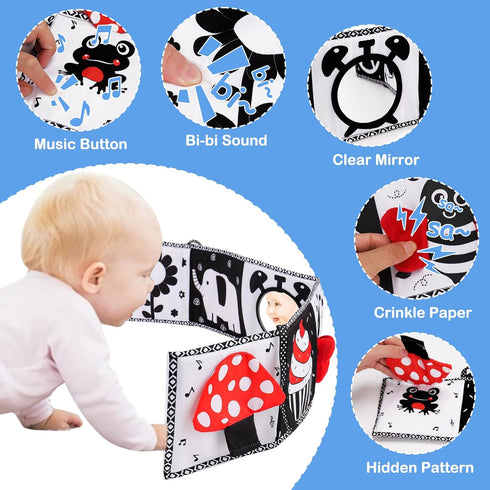 Black and White High Contrast Toys for Baby 0-3 3-6 months Infant Tummy Time Soft Book Sensory Musical Toy 0-2-4-6 month Babies Brain Development ...