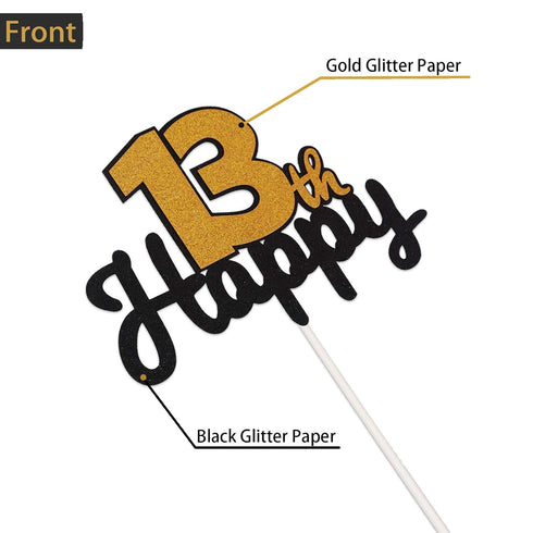 Happy 13th Birthday Black & Gold Glitter Cake Topper | Kids Boys or Girls 13 Birthday Thirteen Years Old Party Decorations....