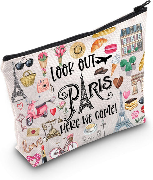 Paris Themed Makeup Bag Paris Trip Gifts Paris Travel Bag Paris Toiletry Bag Paris Zipper Pouch Paris Makeup Pouch (look out paris)...