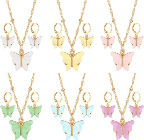 18 Pcs Acrylic Butterfly Necklace Earrings Set Acrylic Butterfly Pendant Necklace Hoop Butterfly Earrings Colorful Butterfly Jewelry Set Cute Jewe...