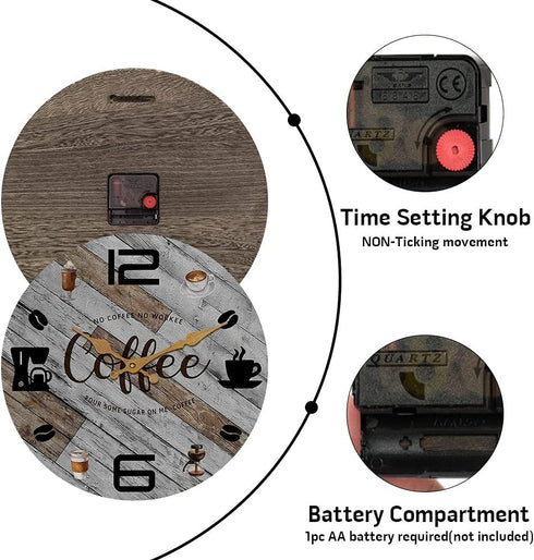 TIANCENTRAL H Rustic Kitchen Wall Clock Wooden Office Coffee Decor Wall Clocks 12 inches Silent Clocks for Kitchen/Office/Coffee Corner/Cafe Shop ...