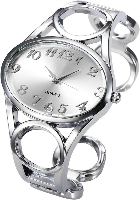 Top Plaza Women Fashion Silver Tone Circle Band Arabic Numeral Scale Bangle Cuff Dress Bracelet Watch - Valentine's Day Gift...